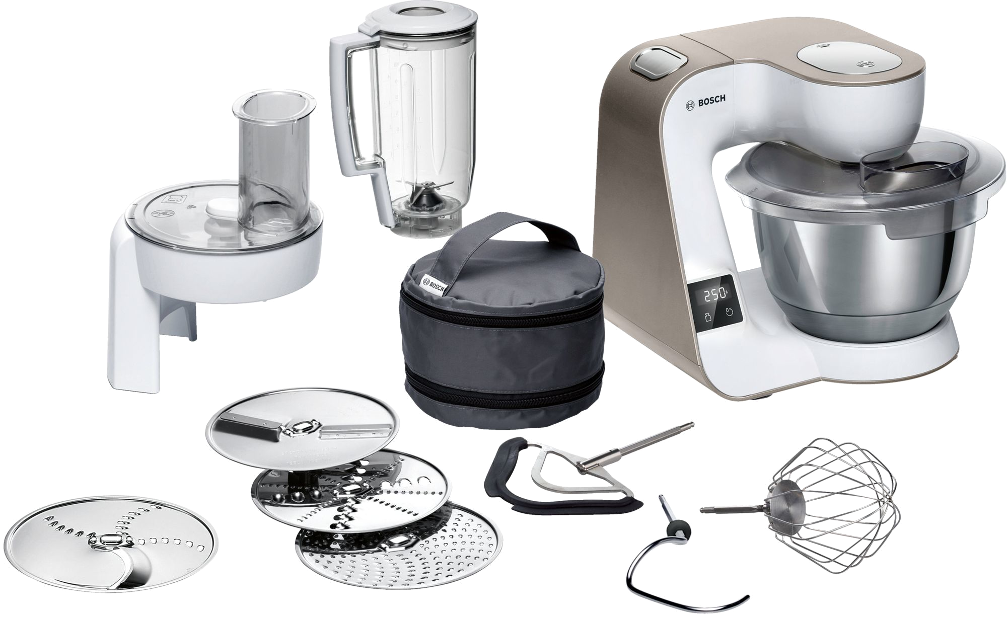 Keukenmachine met meerdere opzetstukken en een blender.