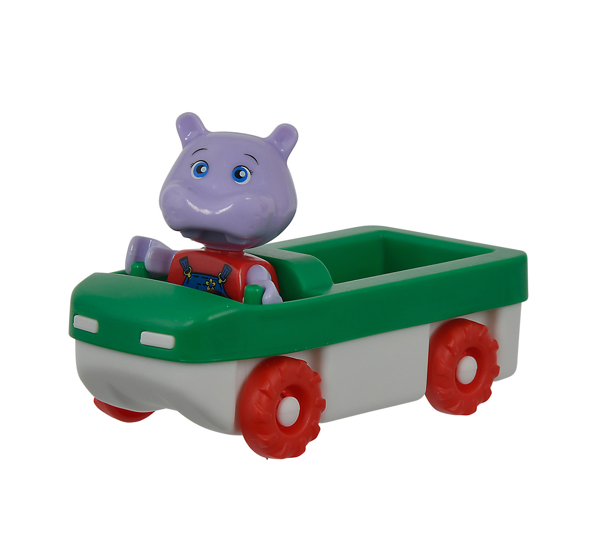 Lila Nilpferd-Spielzeug in einem grünen und weißen Auto mit roten Rädern.