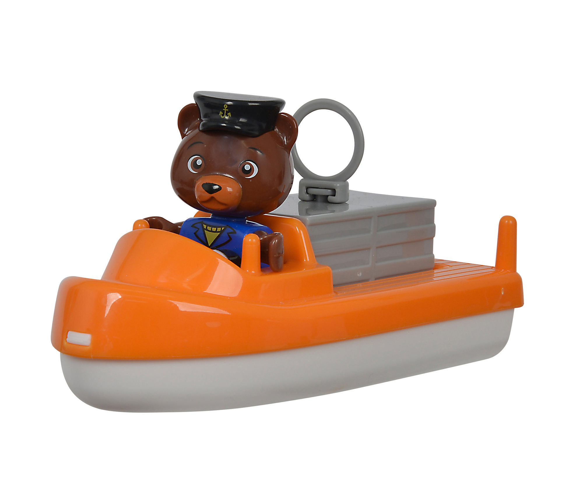 Ein Spielzeugbär in Uniform fährt ein orange-graues Boot mit einem Ankerhut.