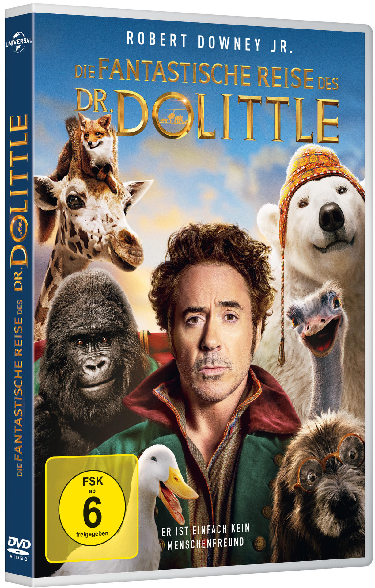 DVD-Cover von 'Die fantastische Reise des Dr. Dolittle' mit Robert Downey Jr. und Tierfiguren.