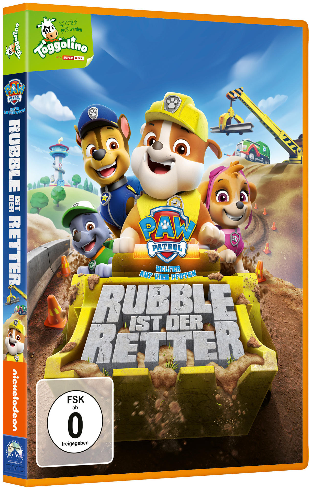 DVD-Cover: Paw Patrol-Charaktere auf einem Baufahrzeug, Cartoon-Stil.
