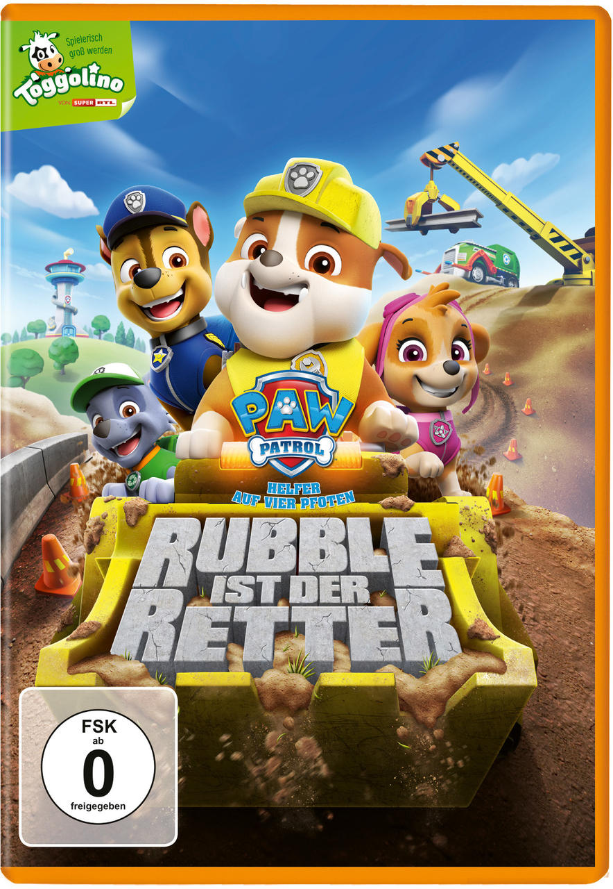 DVD-Cover mit Paw Patrol-Charakteren und einem Bulldozer. Orange und blaue Farben dominieren das Bild.