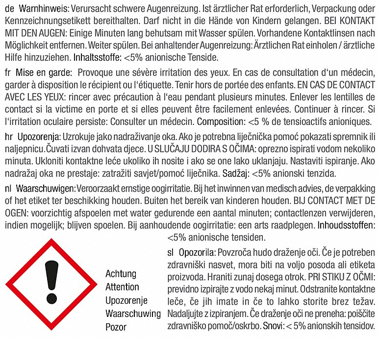 Warning sign text in multiple languages, with the exclamation mark in red.
