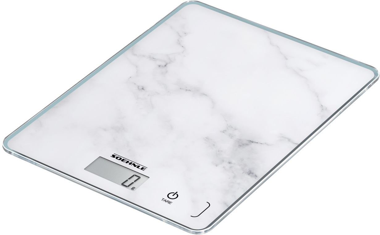 Balance de cuisine numérique avec motif marbre blanc, écran numérique et logo Soehnle.
