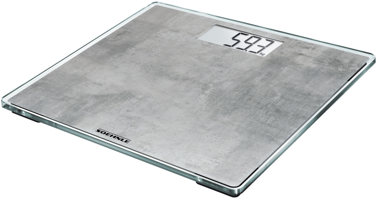 Digitale badkamerweegschaal met 59,3 kg op een grijs, getextureerd oppervlak.