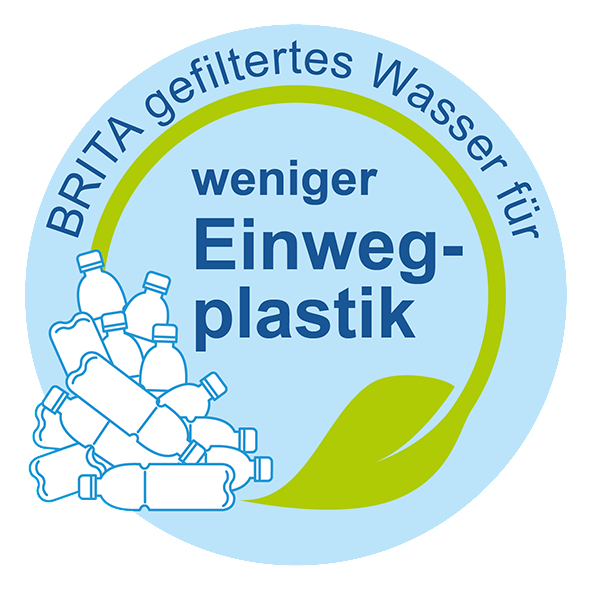 Ein blaues und grünes BRITA-Logo mit Plastikflaschen auf weißem Hintergrund.