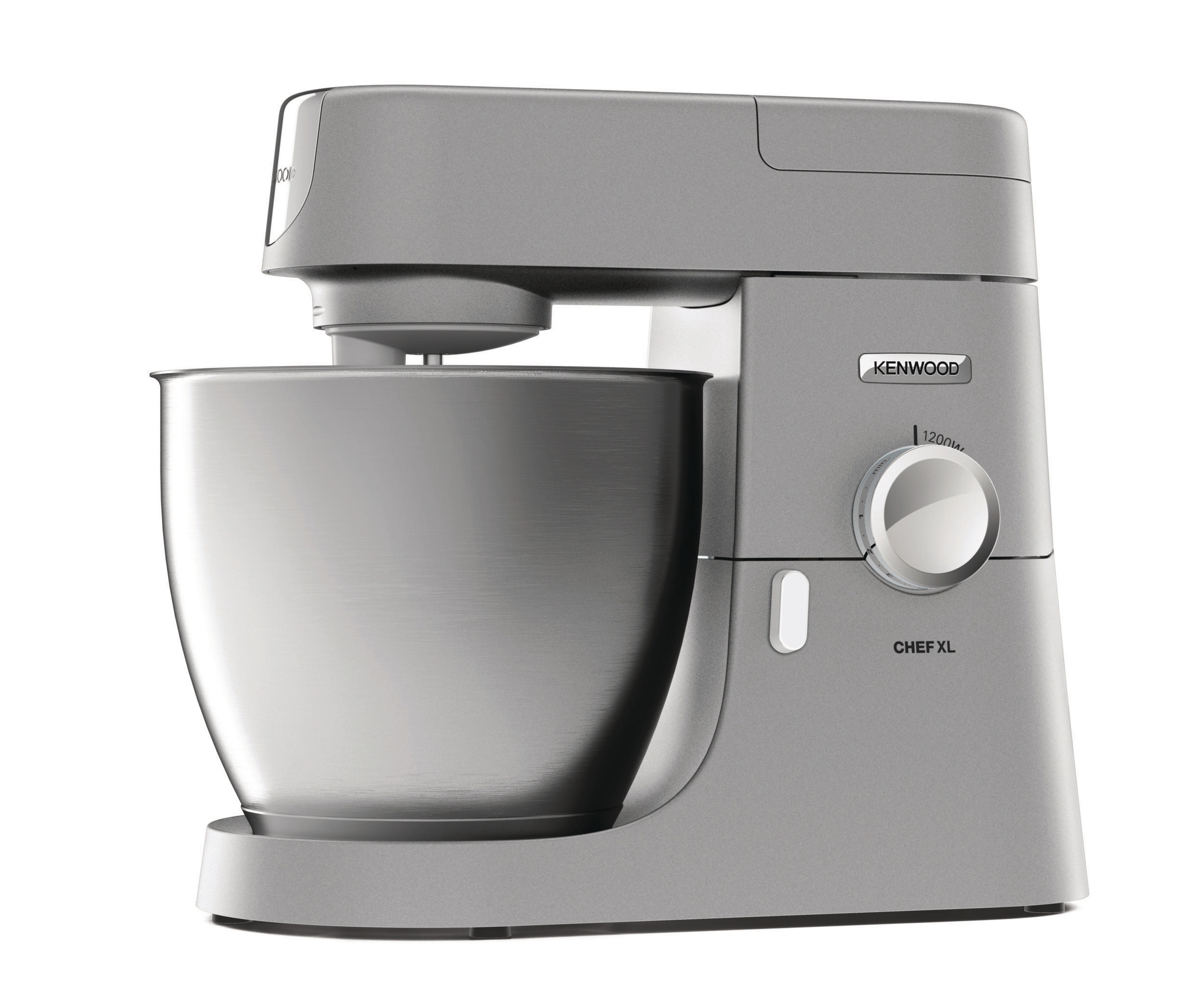 Kenwood Chef XL Küchenmixer in Grau, mit großer Schüssel und Bedienknopf.