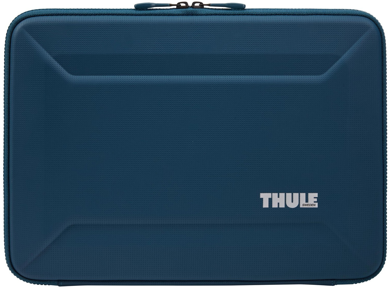 Un étui Thule bleu avec une fermeture éclair et le logo Thule en blanc.