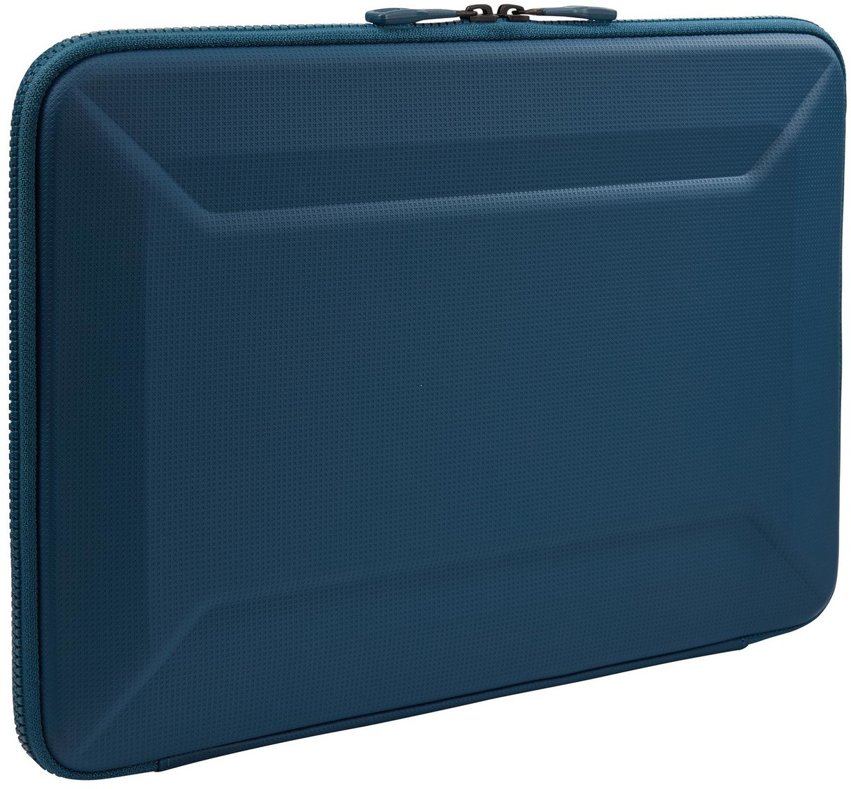 Étui bleu rectangulaire pour ordinateur portable. L'étui a une fermeture éclair et une surface texturée.