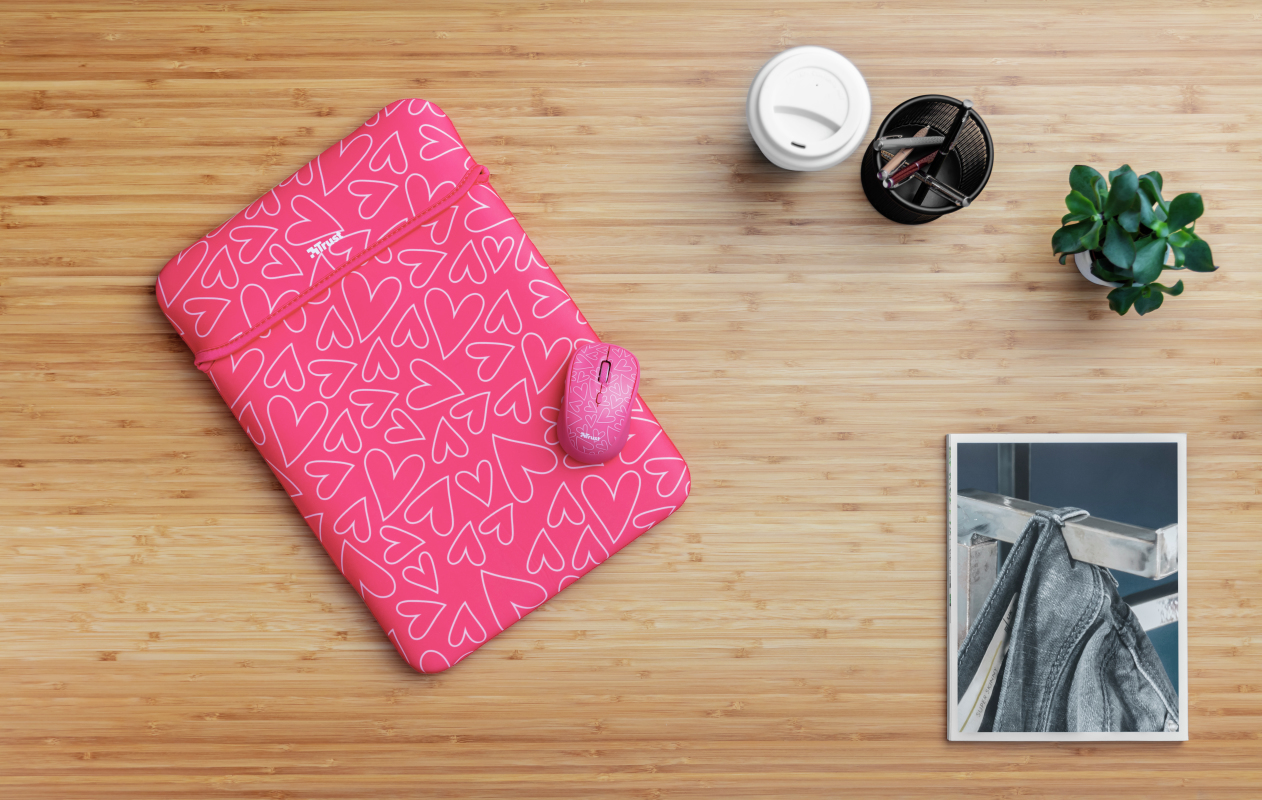 Funda portátil - Trust Yvo Funda Reversible + Ratón Inalámbrico, 15.6", Universal, Neopreno, Rosa