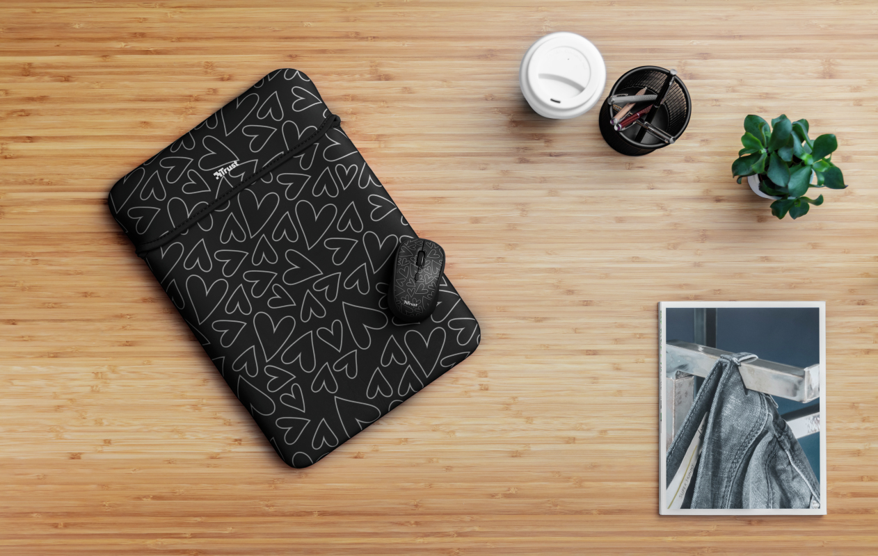 Funda portátil - Trust Yvo Funda Reversible + Ratón Inalámbrico, 15.6", Universal, Neopreno, Negro