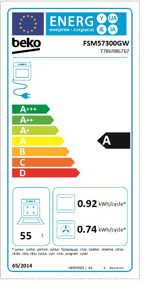 Energiahatékonysági címke egy Beko sütőhöz. Értékeléseket és energiafogyasztási adatokat mutat.
