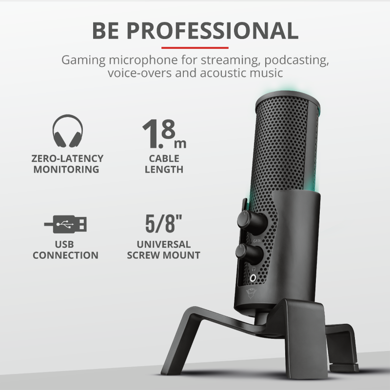 Micrófono - Trust GXT 258 Fyru USB 4-in-1 Streaming, USB, 4 patrones de grabación, Negro