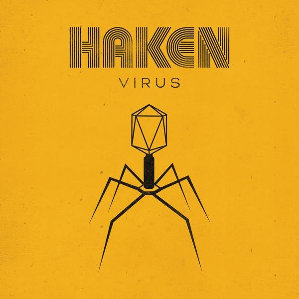 Haken Virus albumhoes, gele achtergrond, zwart geometrisch ontwerp.