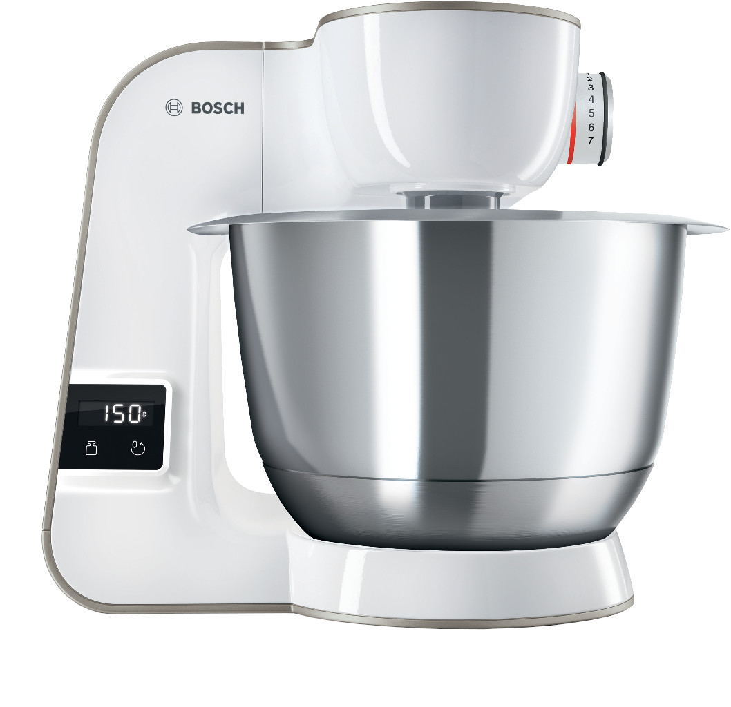 Een witte Bosch keukenmixer op een witte achtergrond.