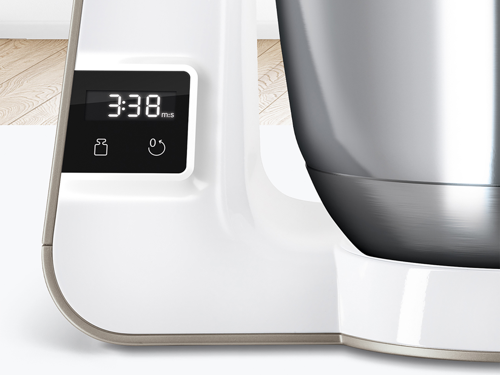 Een witte keukenmixer met een digitaal timerdisplay met 3:38 erop.