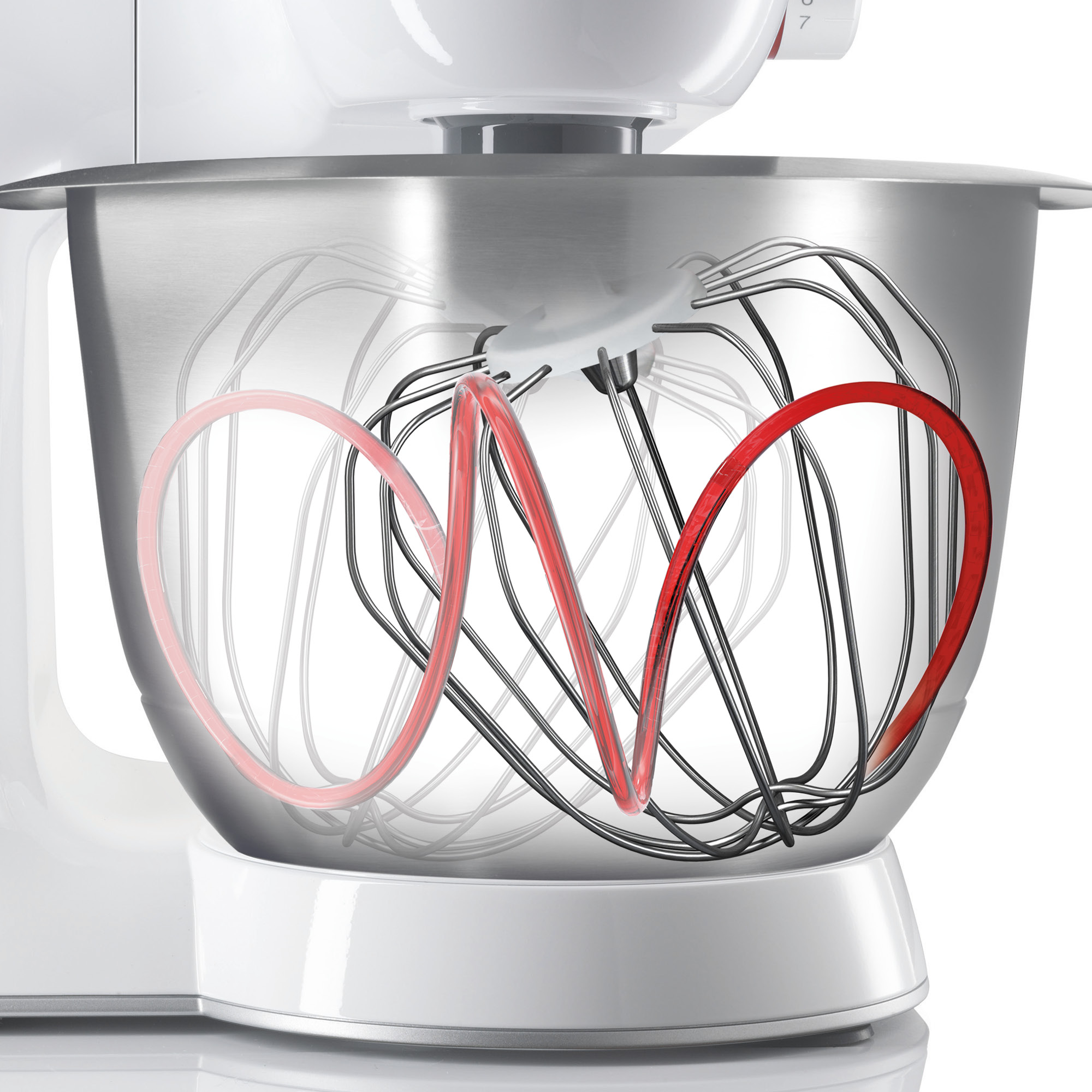 Een mixer met een rode spiraal in de kom.