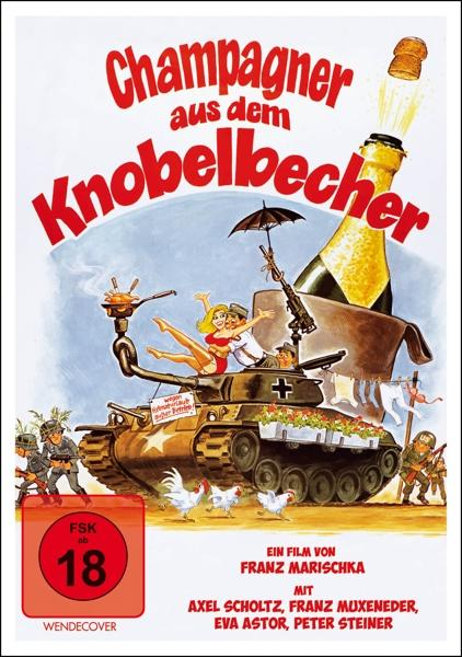 Filmposter mit einem Cartoon-Bild eines Panzers und einer Flasche Champagner.