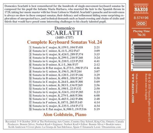 CD-Cover von Domenico Scarlattis Complete Keyboard Sonatas Vol. 24. Details zu den Titeln sind aufgelistet.