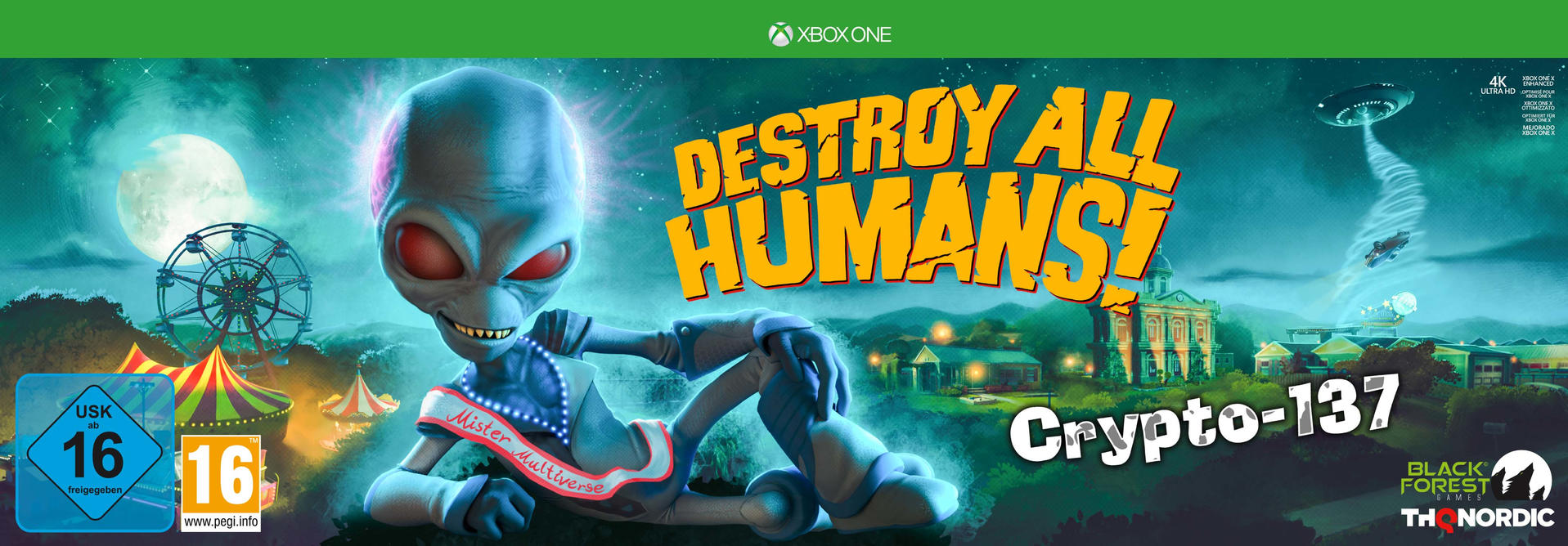Spiel-Cover für 'Destroy All Humans!' mit einer Alien-Figur und einem Karnevalhintergrund.