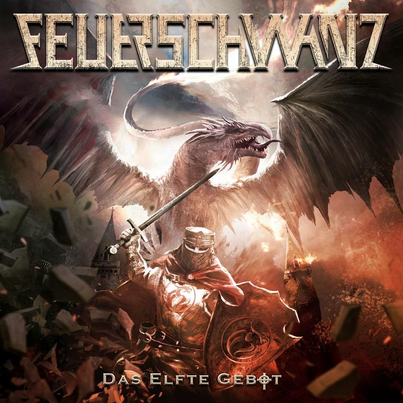 Albumcover. Ritter mit Schwert, Drache, Burg, feuriger Hintergrund, Text: FEUERSCHWANZ, Das Elfte Gebot.