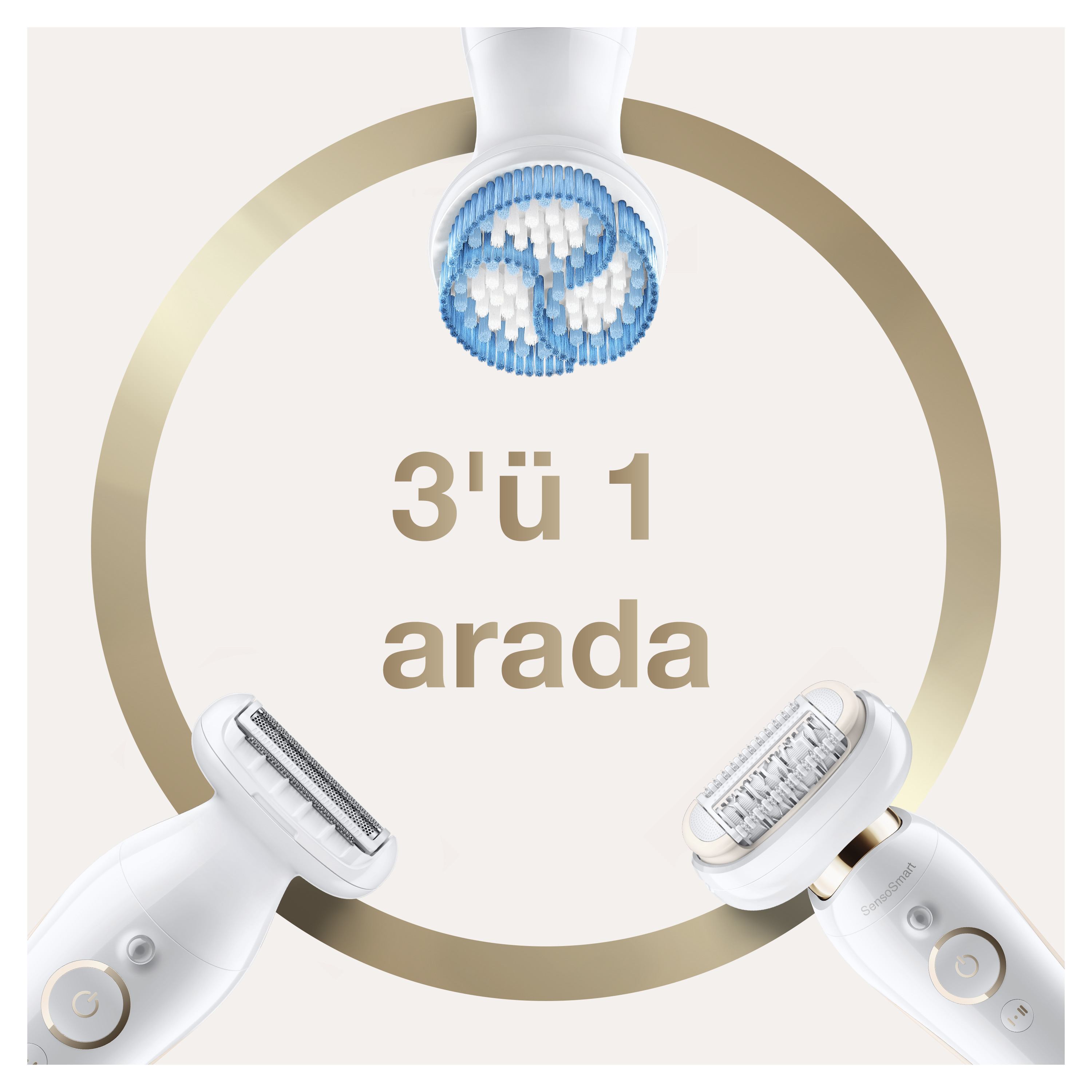 Üç beyaz ve altın rengi elektrikli tıraş başlığı. Türkçe metin '3'ü 1 arada' yazıyor.