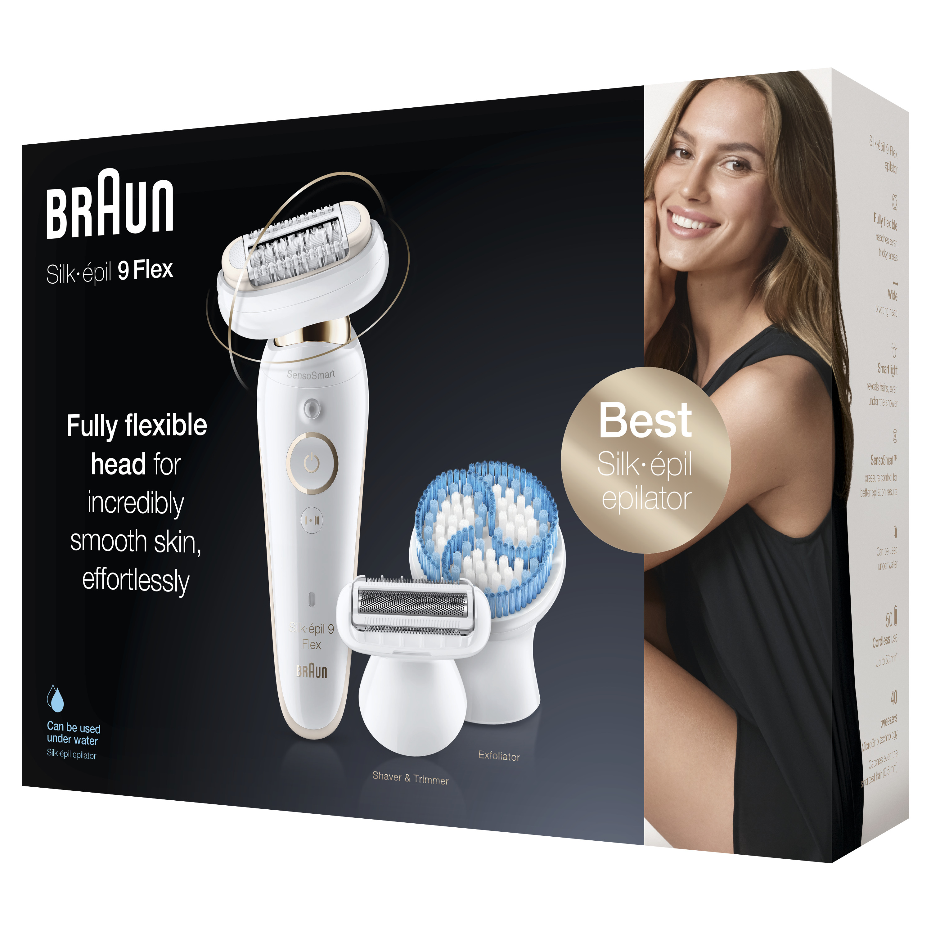 Cihaz ve bir kadınla birlikte bir Braun Silk-épil 9 Flex epilatör kutusu.