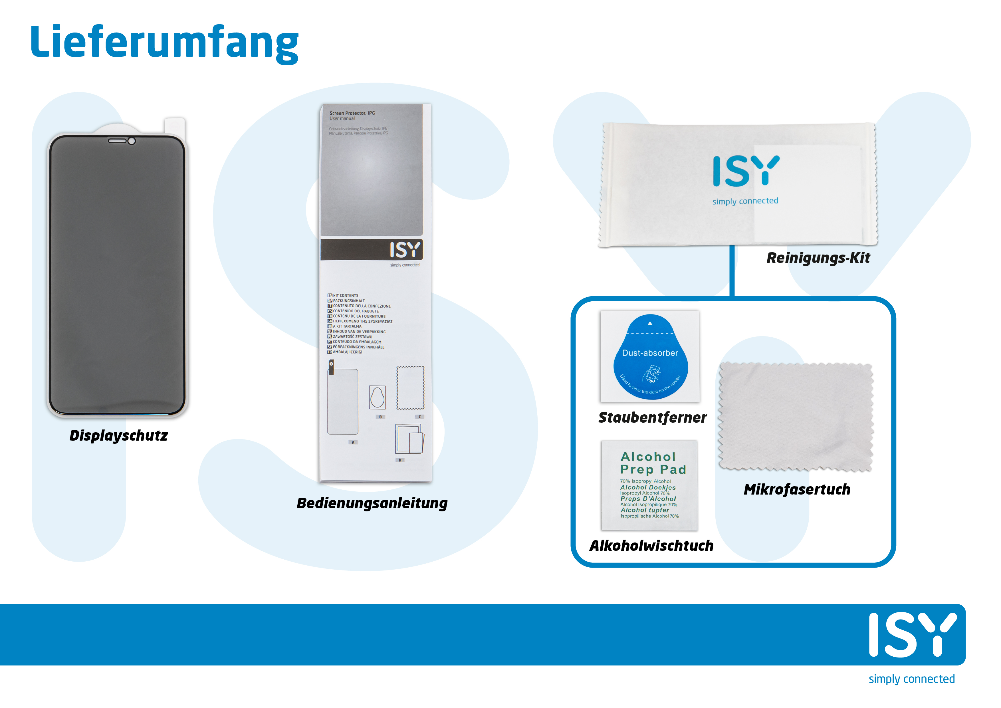 Packungsinhalt, einschließlich Displayschutz und Reinigungskit.