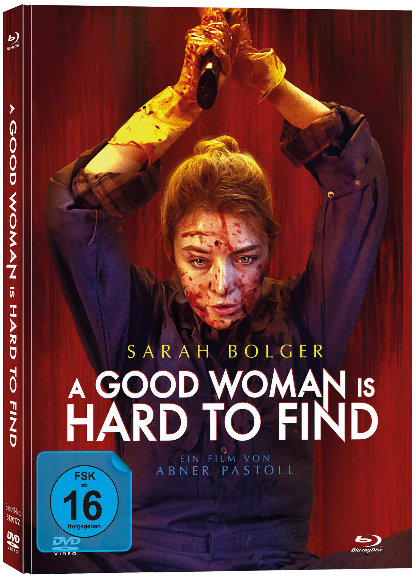 DVD-Cover: Frau mit Blut im Gesicht, hält Messer. Roter Hintergrund.