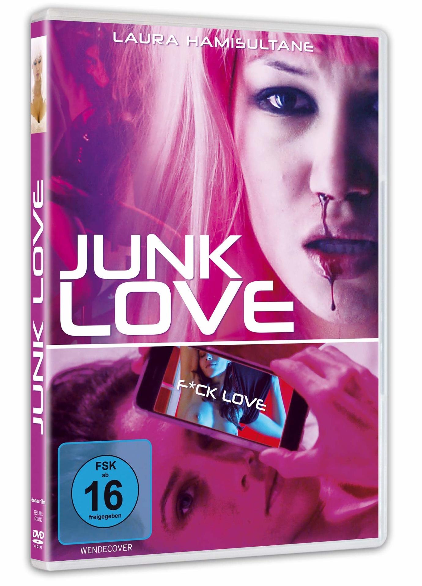 DVD-Cover: Frau mit pinkfarbenen Haaren. Text 'Junk Love'. Ein Telefon mit Text.