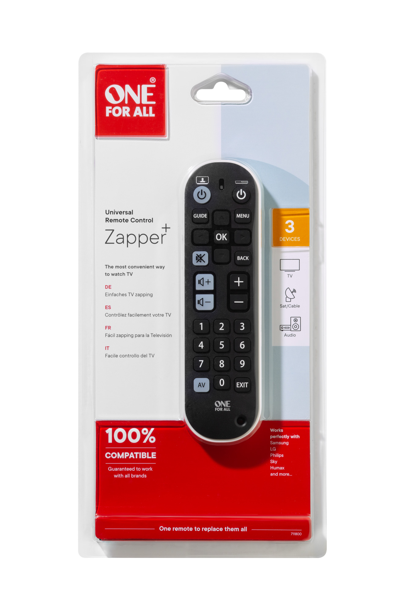 Universalfernbedienung in Verpackung. Mit Knöpfen, Markenname und Kompatibilitätsdetails.