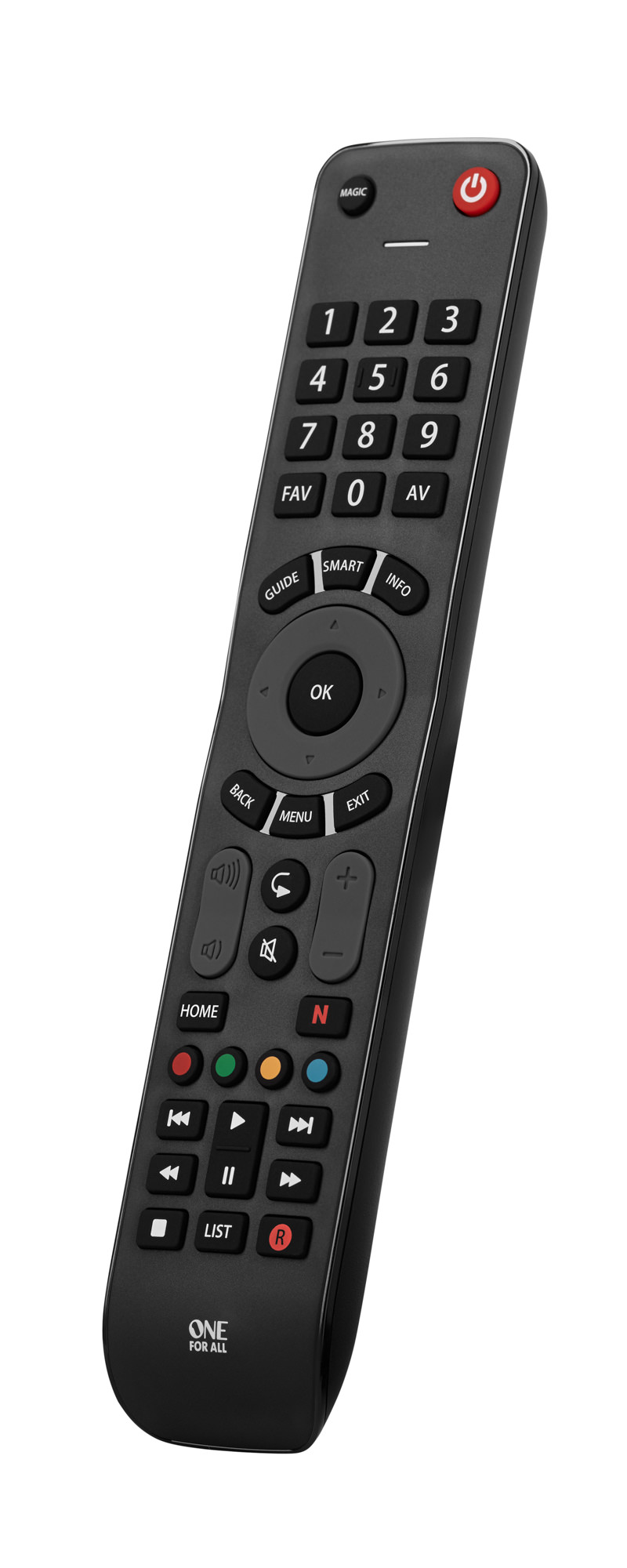 Un telecomando nero con vari pulsanti, inclusi numeri, controlli direzionali e un pulsante di accensione.