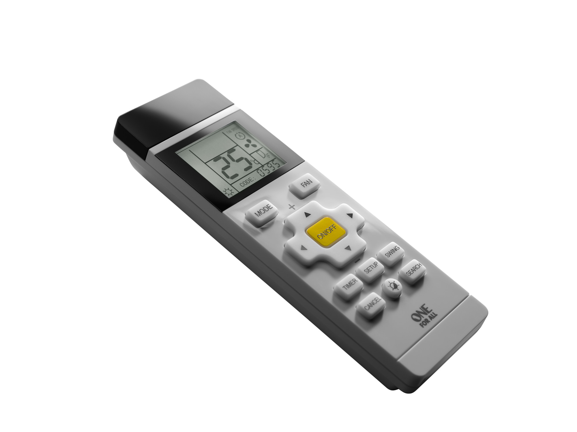Graue Fernbedienung mit Tasten und einem Display mit Zahlen. 'ONE FOR ALL' ist unten aufgedruckt.