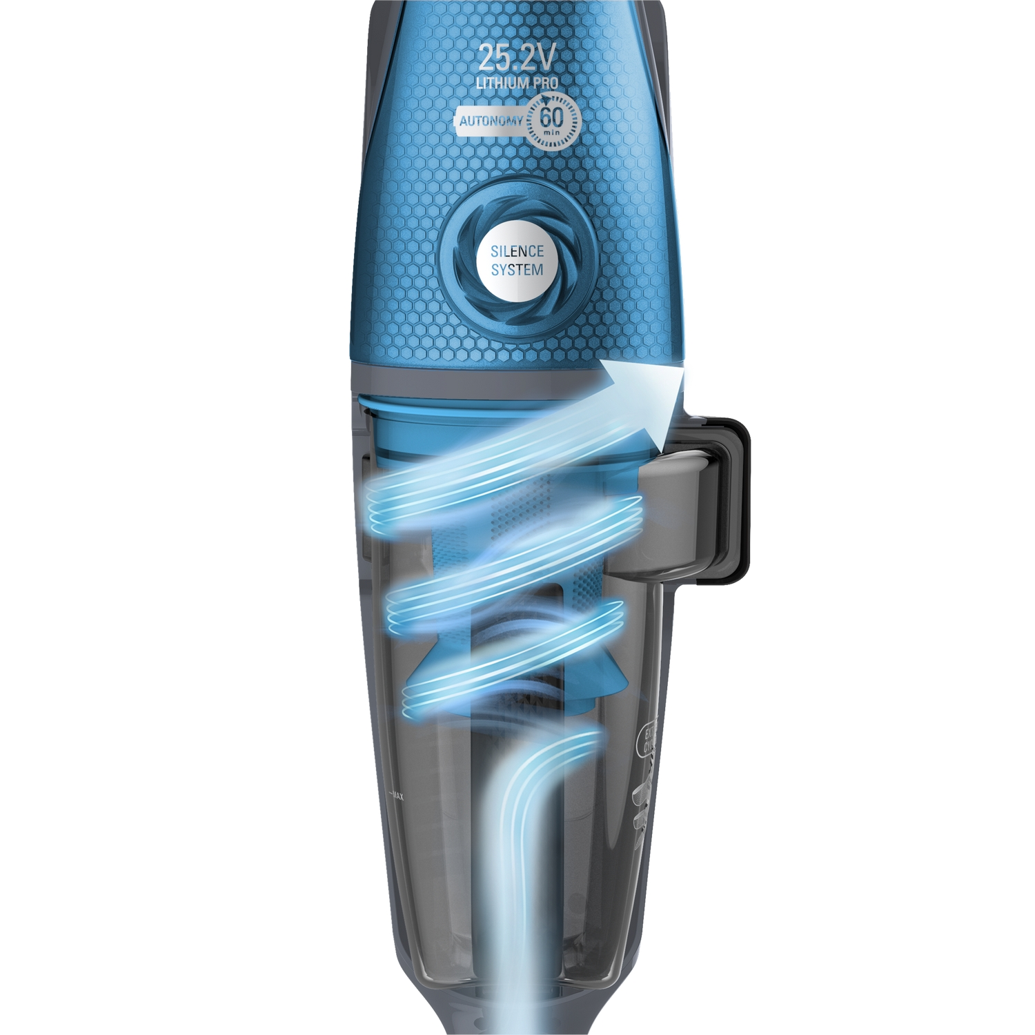 Una aspiradora inalámbrica en azul y gris con la función Silence System.
