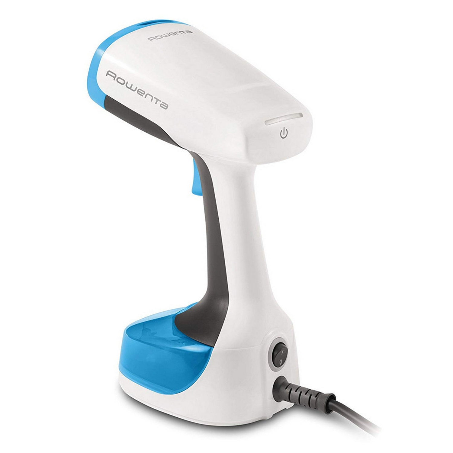 Un vaporizador de mano blanco y azul con la marca 'Rowenta'. Está sobre un fondo blanco.