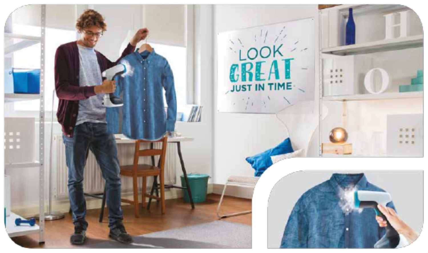 Hombre planchando una camisa azul. Un cartel dice 'LOOK GREAT JUST IN TIME'. Plancha y camisa enfocados.