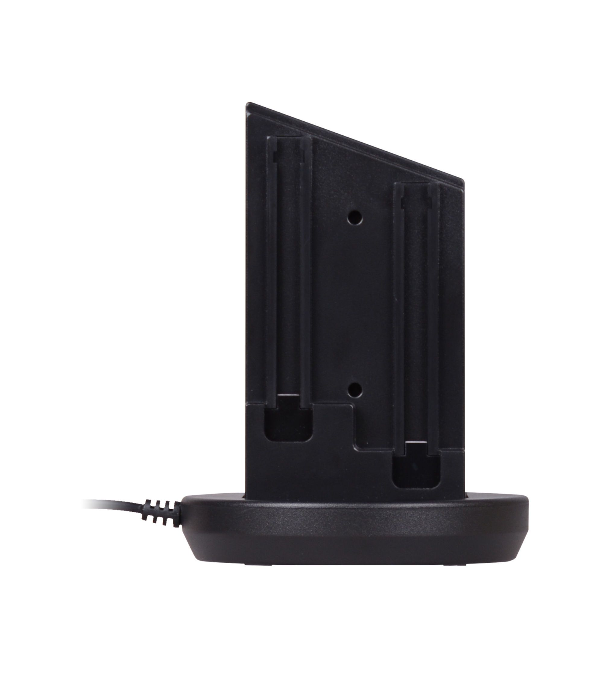 Zwart oplaadstation met een kabel, voor een apparaat.