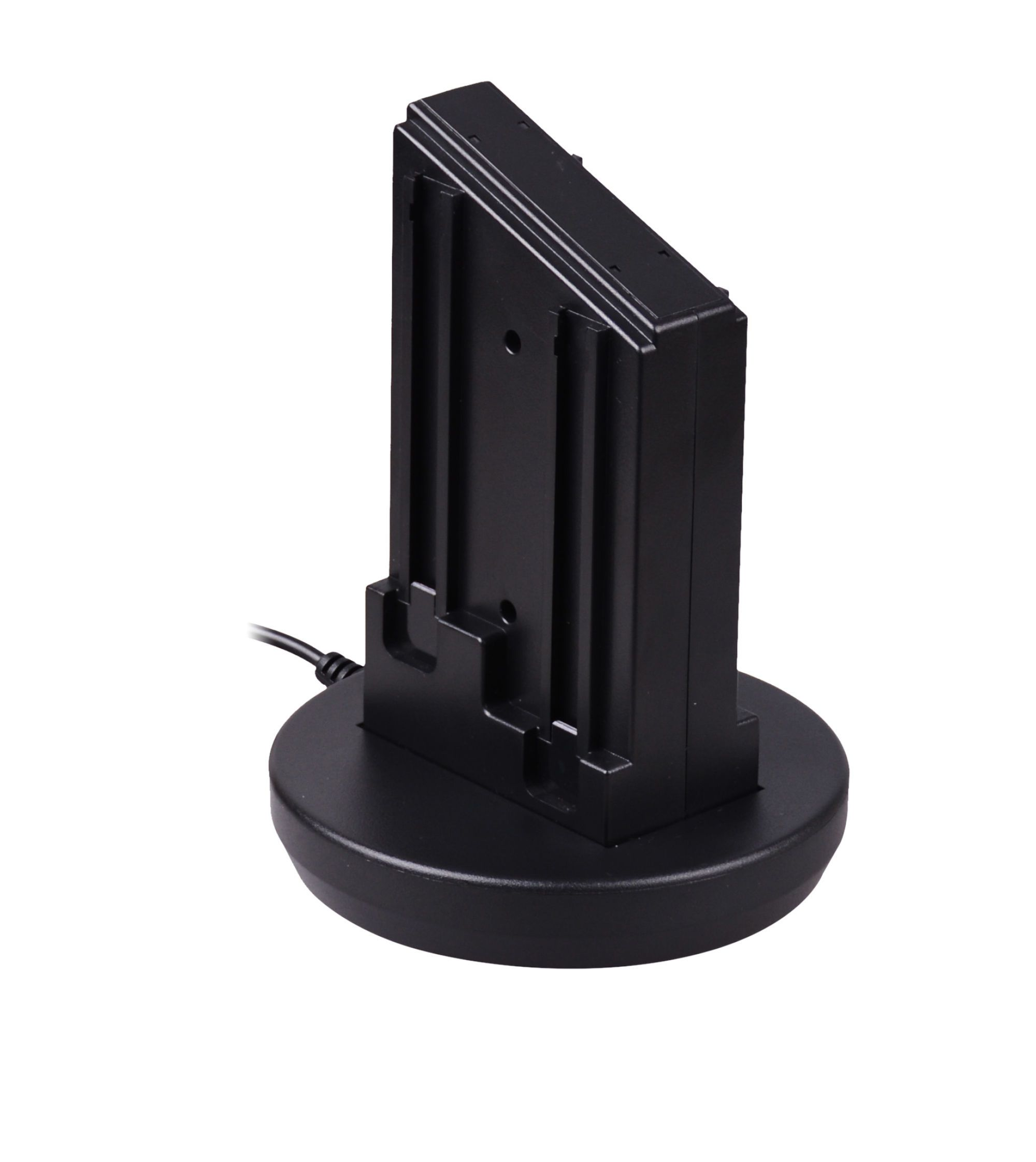 Zwart oplaadstation voor een apparaat. Cilindrische basis en een verticale sleuf.