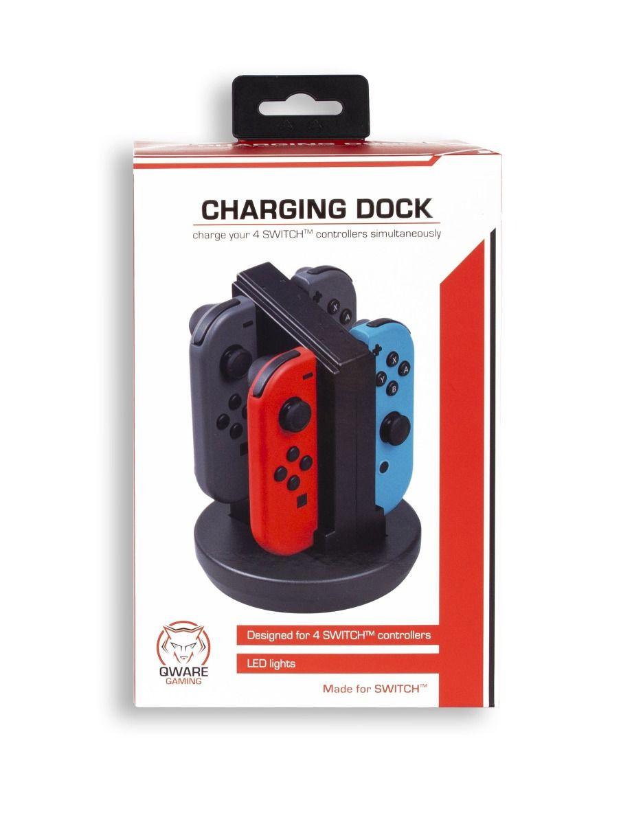 Oplaadstation voor 4 Switch-controllers, met zwarte, rode en blauwe controllers.