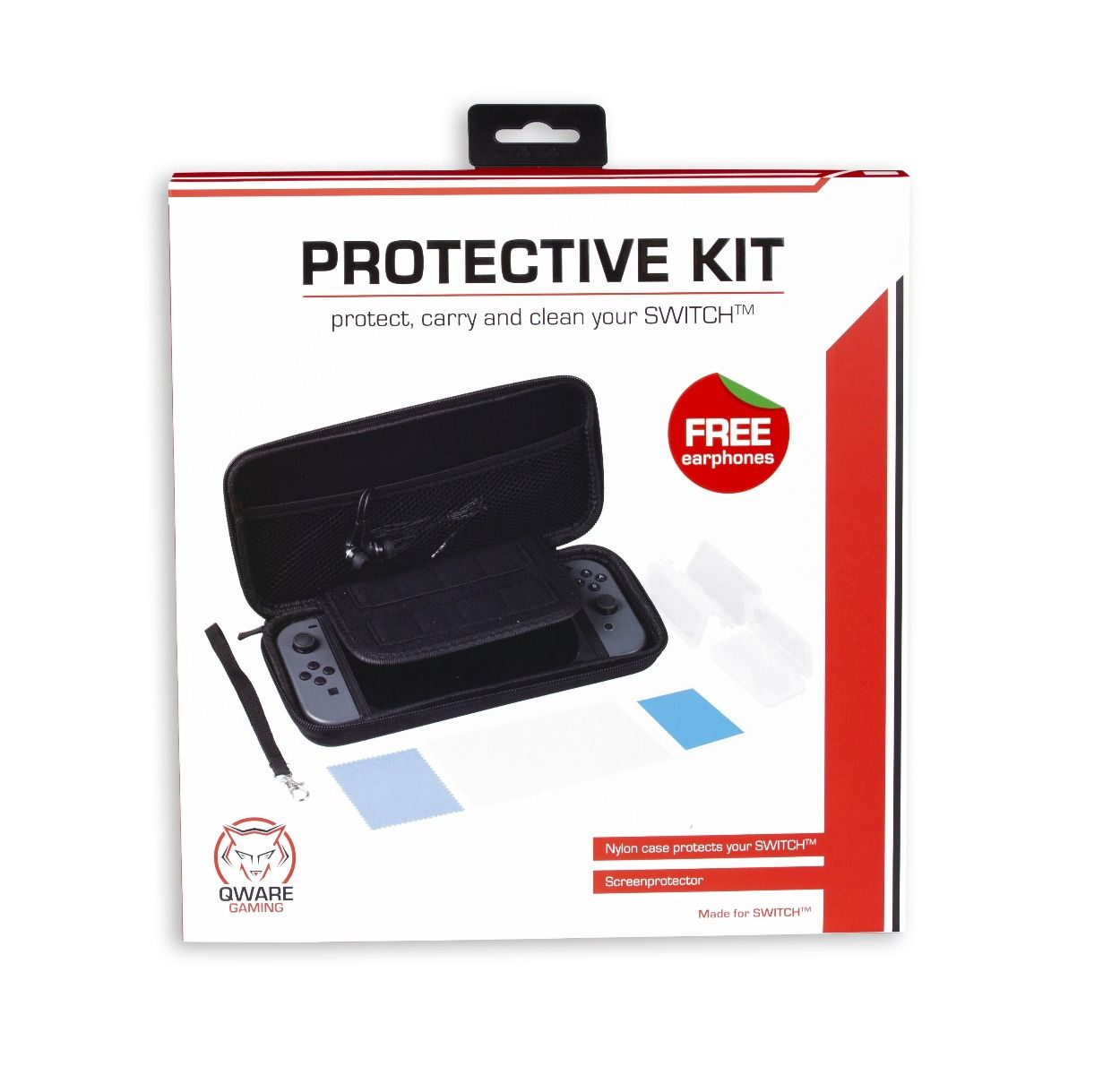 A protective kit box for the Switch. Contains case, screen protector, earphone. White background.