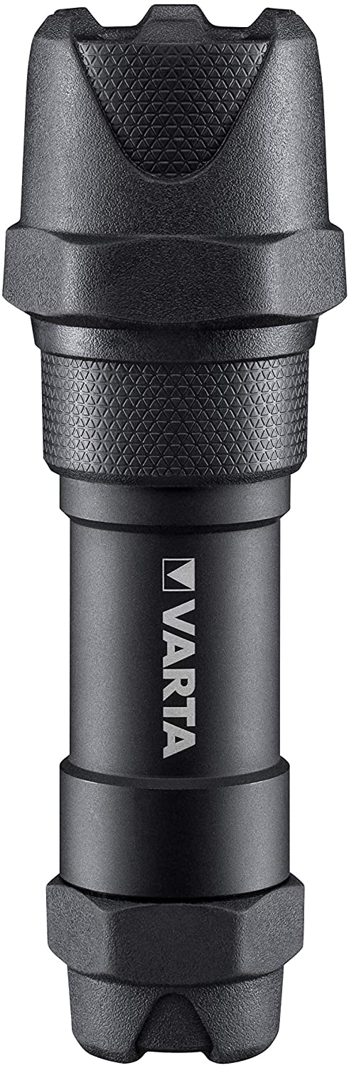 Eine schwarze Varta Taschenlampe mit texturiertem Griff und Logo.