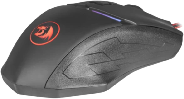 Fekete Redragon gaming egér. Piros logó, fekete gombok és test.