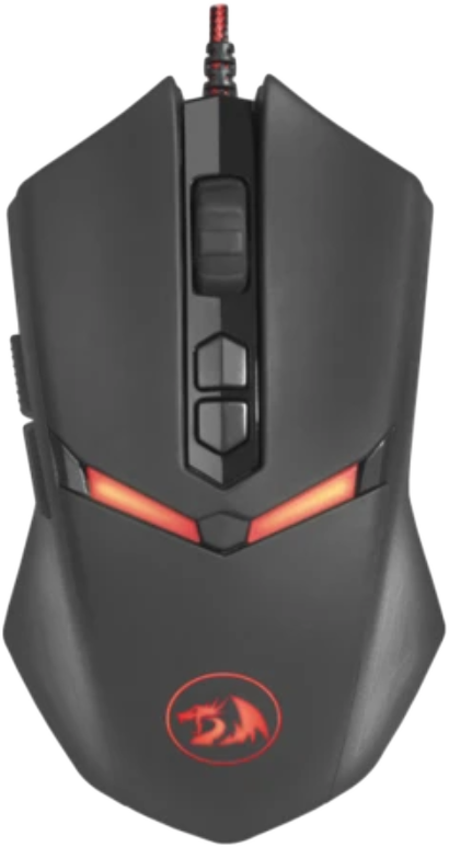 Fekete gamer egér piros díszítéssel és a Redragon logóval.