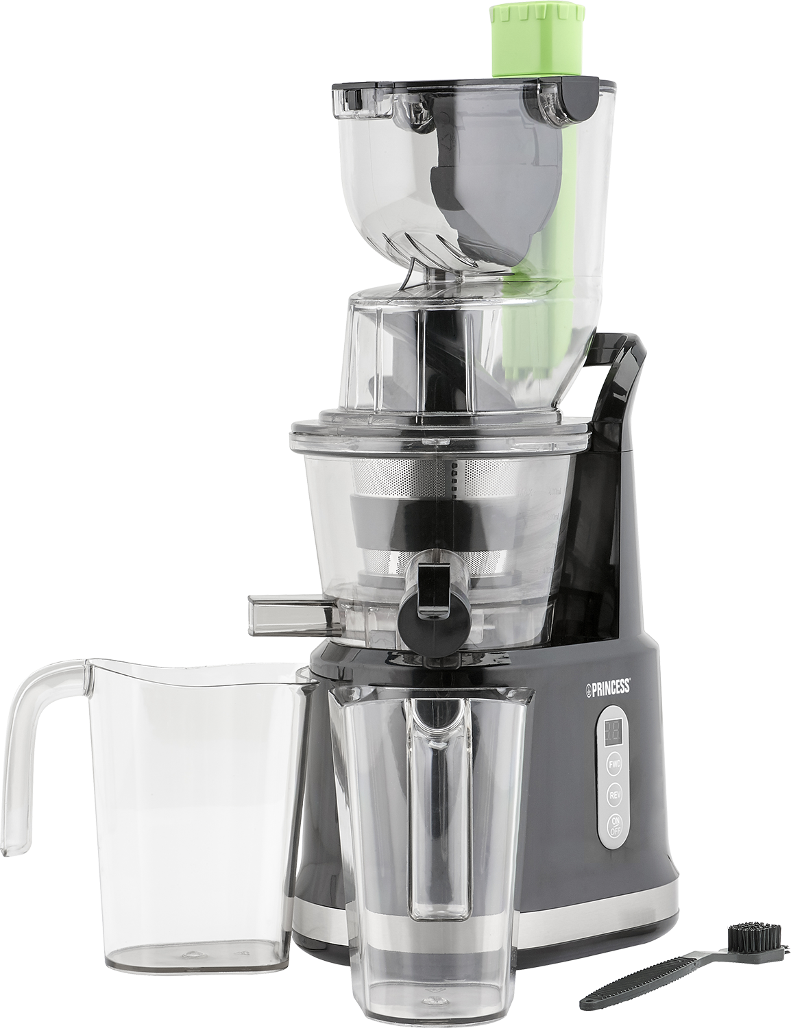 Een Princess juicer. Zwarte basis met transparante onderdelen. Inclusief een sapcontainer en een borstel.