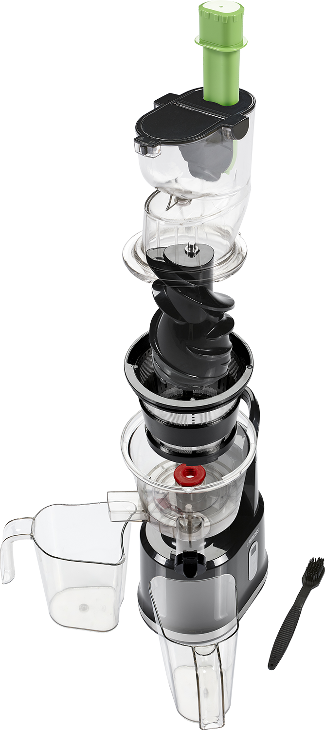 Uit elkaar gehaalde juicer met onderdelen, zwart en doorzichtig.