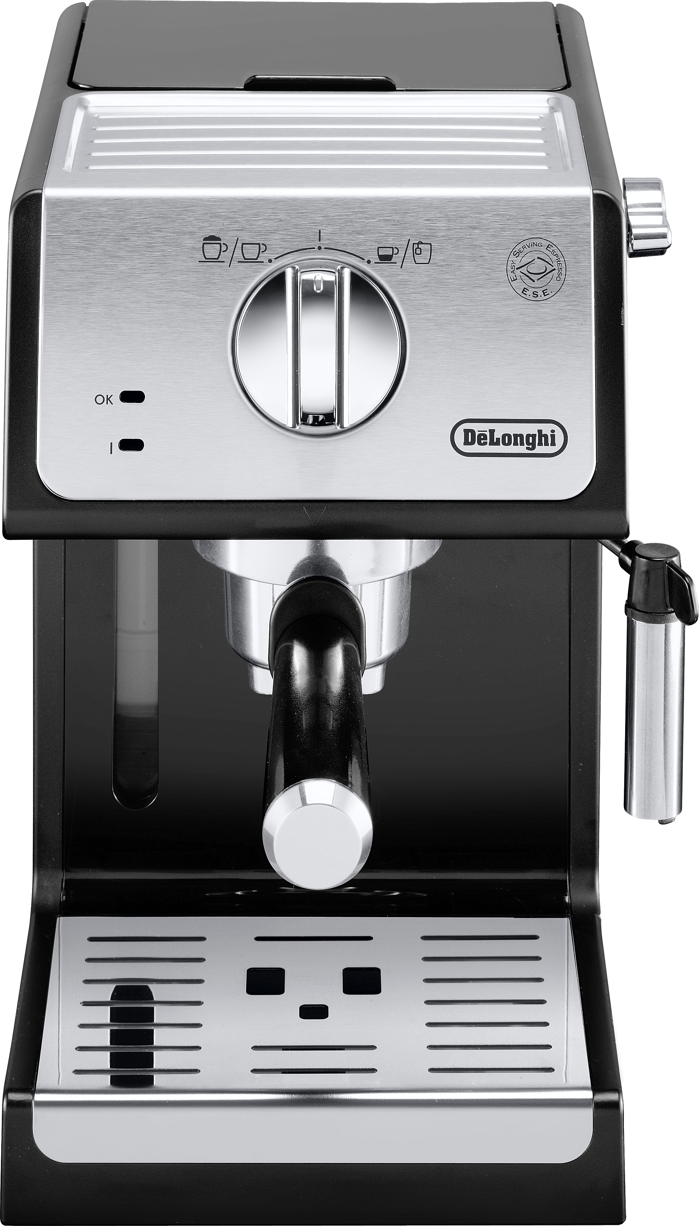 Een zwart-zilveren espressomachine. Met portafilter, knoppen en stoompijpje.