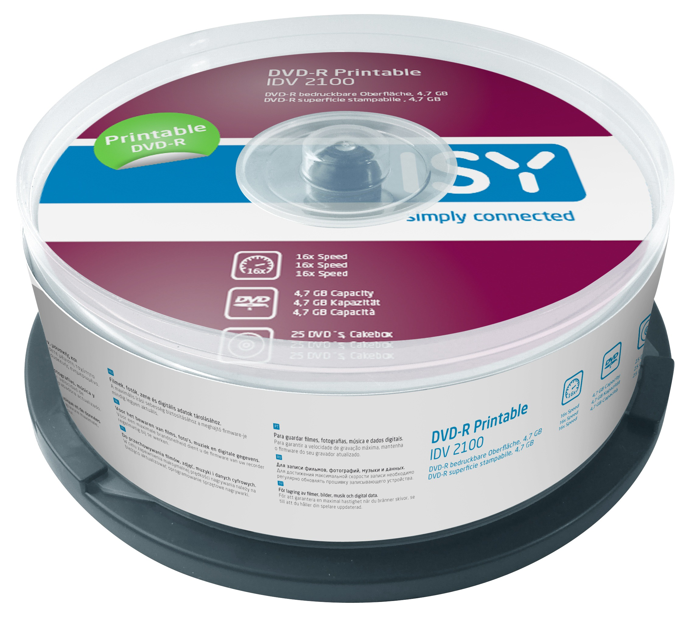 Stapel bedruckbarer DVD-R-Discs in einer transparenten Hülle mit Geschwindigkeits- und Kapazitätsdetails.