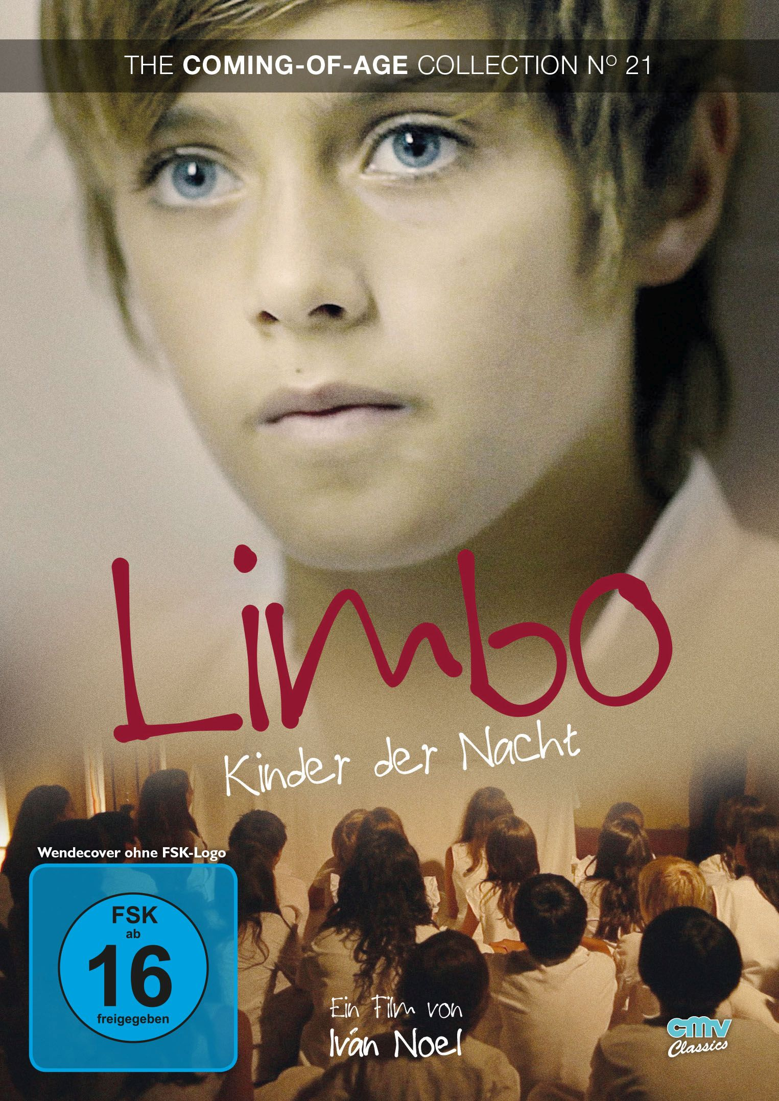 Filmcover mit dem Gesicht eines Jungen und Text. Dunkler Hintergrund, mit einer Gruppe von Menschen unten.