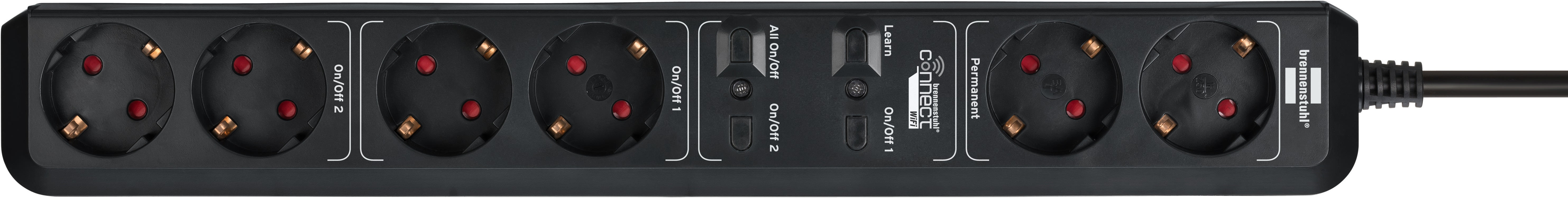 Schwarze Steckdosenleiste mit sechs Steckdosen und zwei USB-Anschlüssen.