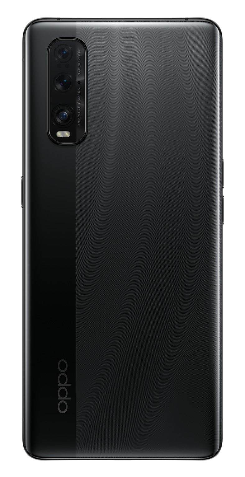 La parte trasera de un teléfono Oppo negro. Hay tres cámaras y el logotipo de Oppo.
